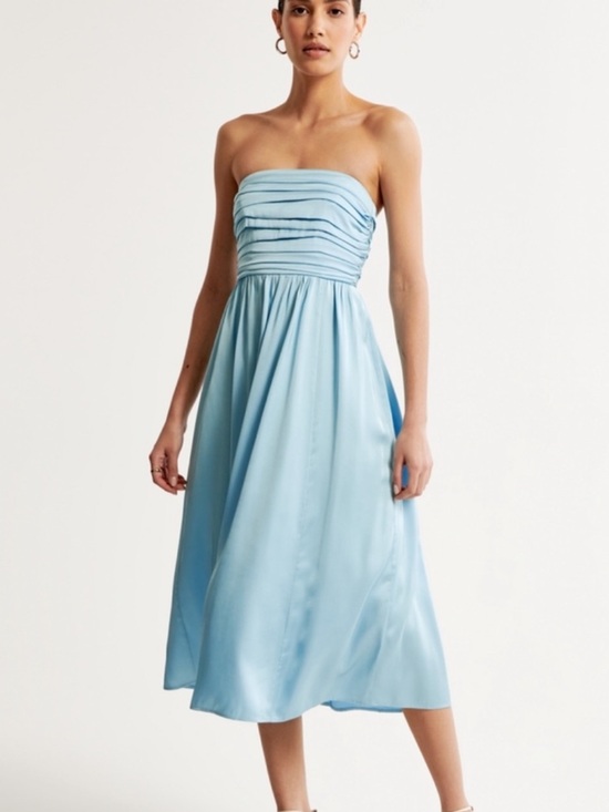 Abercrombie & Fitch Dresses & Skirts - Satin Emerson Ruched Strapless Midi Dress in Blue